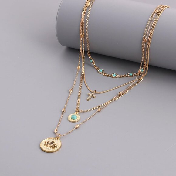 Gold Layered Necklace for Women Summer Boho Layered Stacked Pendant Necklace Cou - Picture 7 of 7